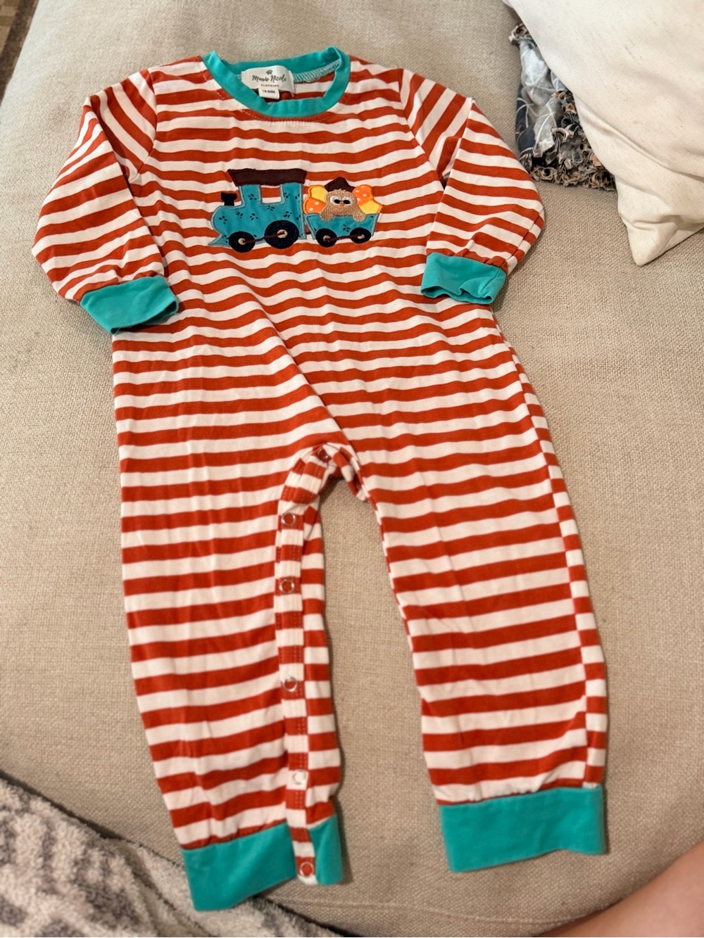 Children's Red & White Striped Footie with Train Appliqué - Accent Teal